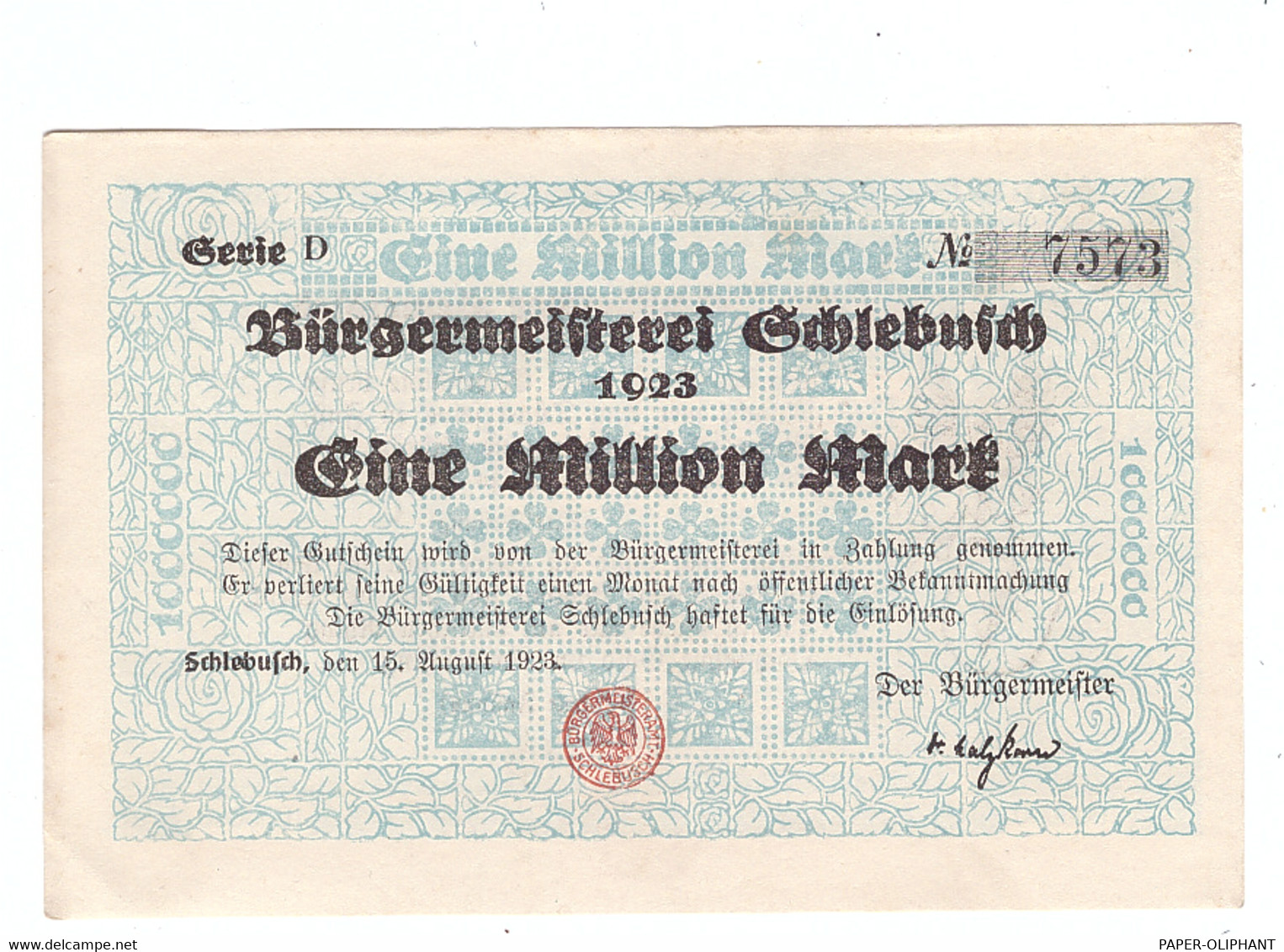 5090 LEVERKUSEN - SCHLEBUSCH, Notgeld 1923, 1 Million, Serie D, Sehr Gute Erhaltung - Leverkusen