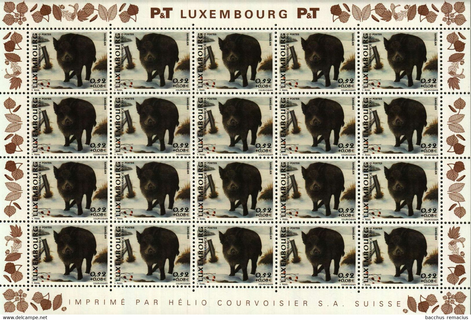 Luxembourg 4 Feuilles à 20 Timbres 0,45+0,05/0,52+0,08/0,89+0,21euro Ecureuil/Sanglier/Pigeon 2001 - Fogli Completi