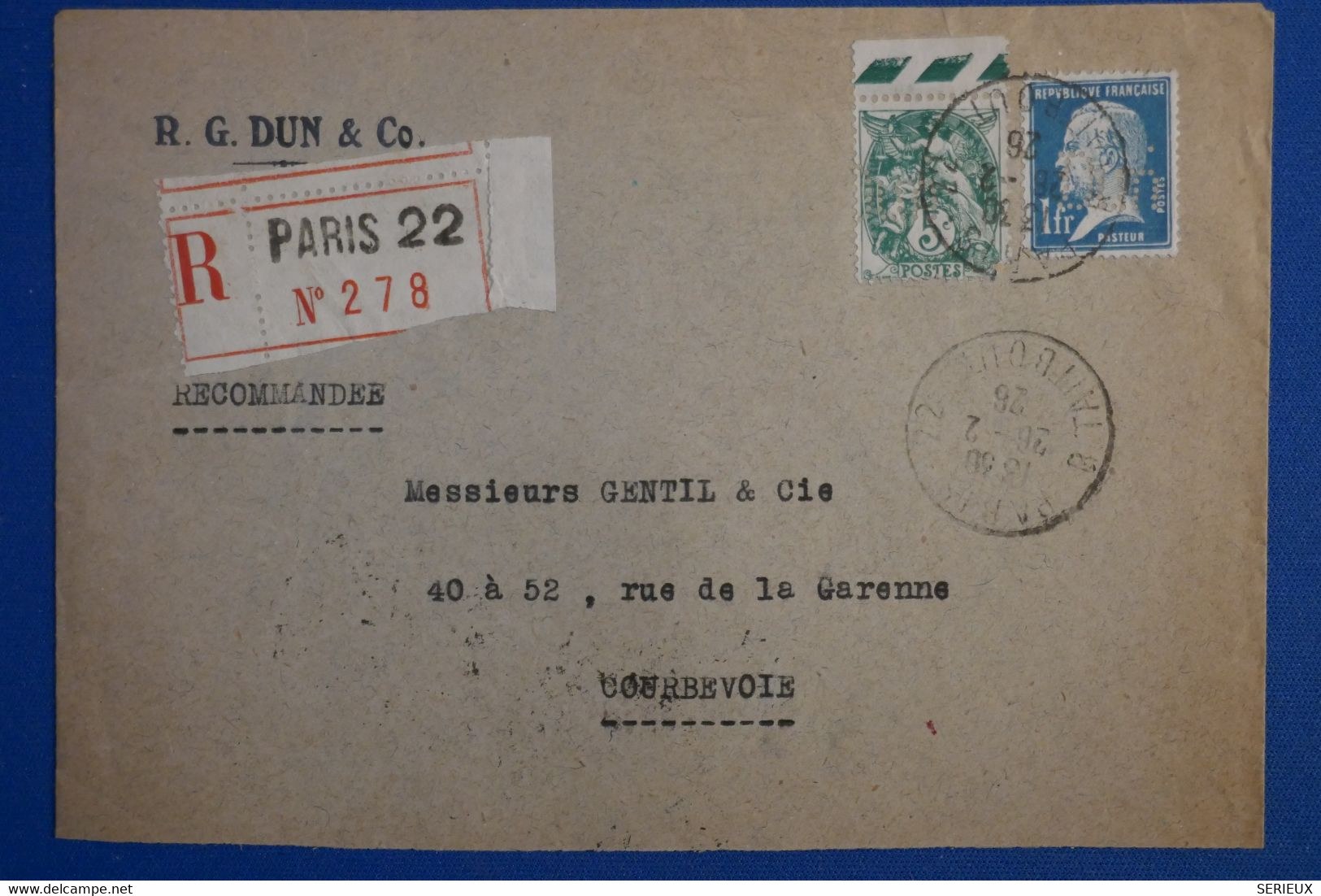 R29 FRANCE BELLE LETTRE RECOM.  PERFORATED 1926 PARIS POUR COURBEVOIE +T.P PERFORE ET BORD FEUILLE+ AFFRANCH INTERESSANT - Altri & Non Classificati