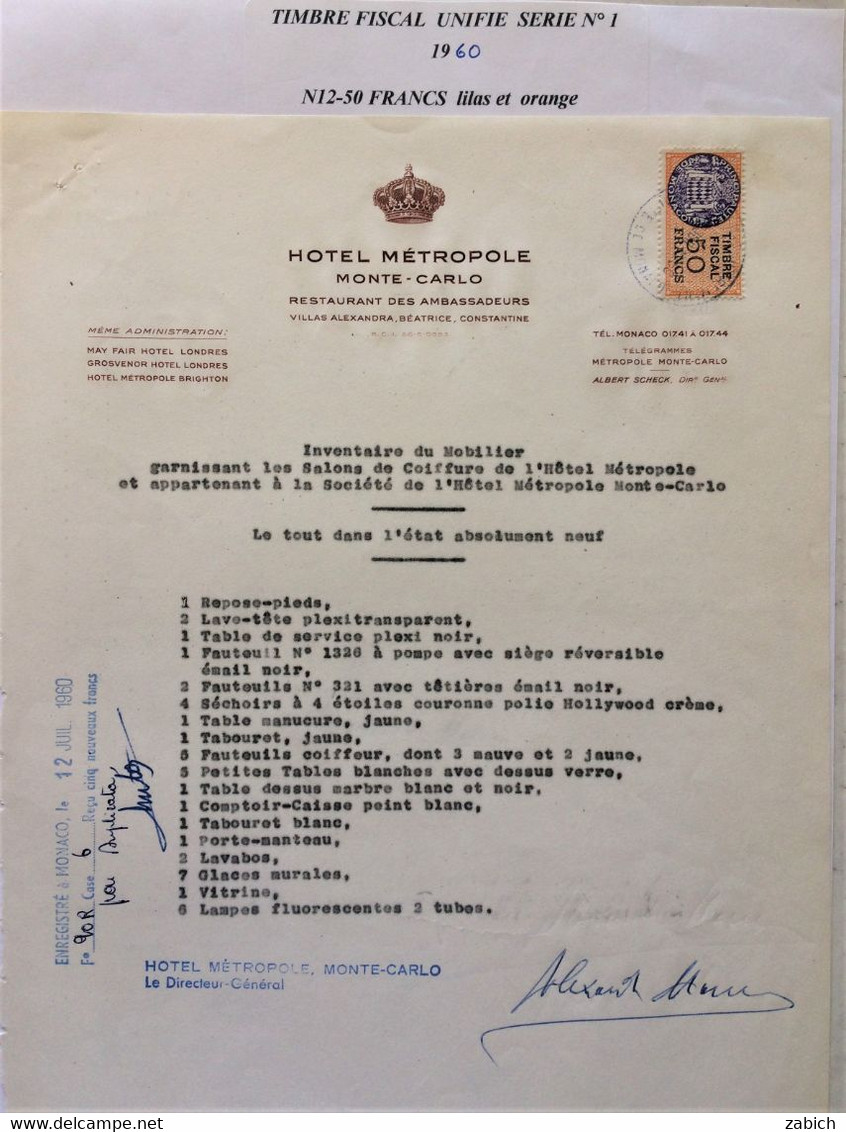 FISCAUX DE MONACO SERIE UNIFIEE  N°12 50 C Orange Sur Document HOTEL METROPOLE Du 12 Juillet 1960 - Fiscales