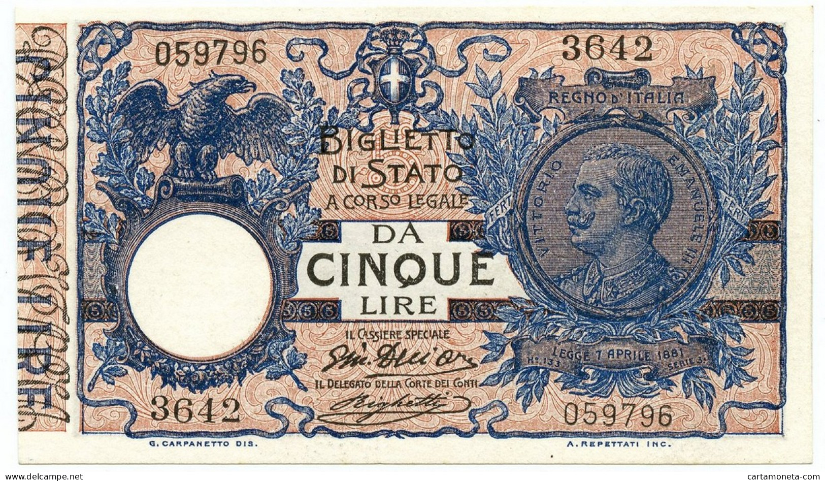 5 LIRE BIGLIETTO DI STATO VITTORIO EMANUELE III FLOREALE 05/11/1914 FDS-/FDS - Andere