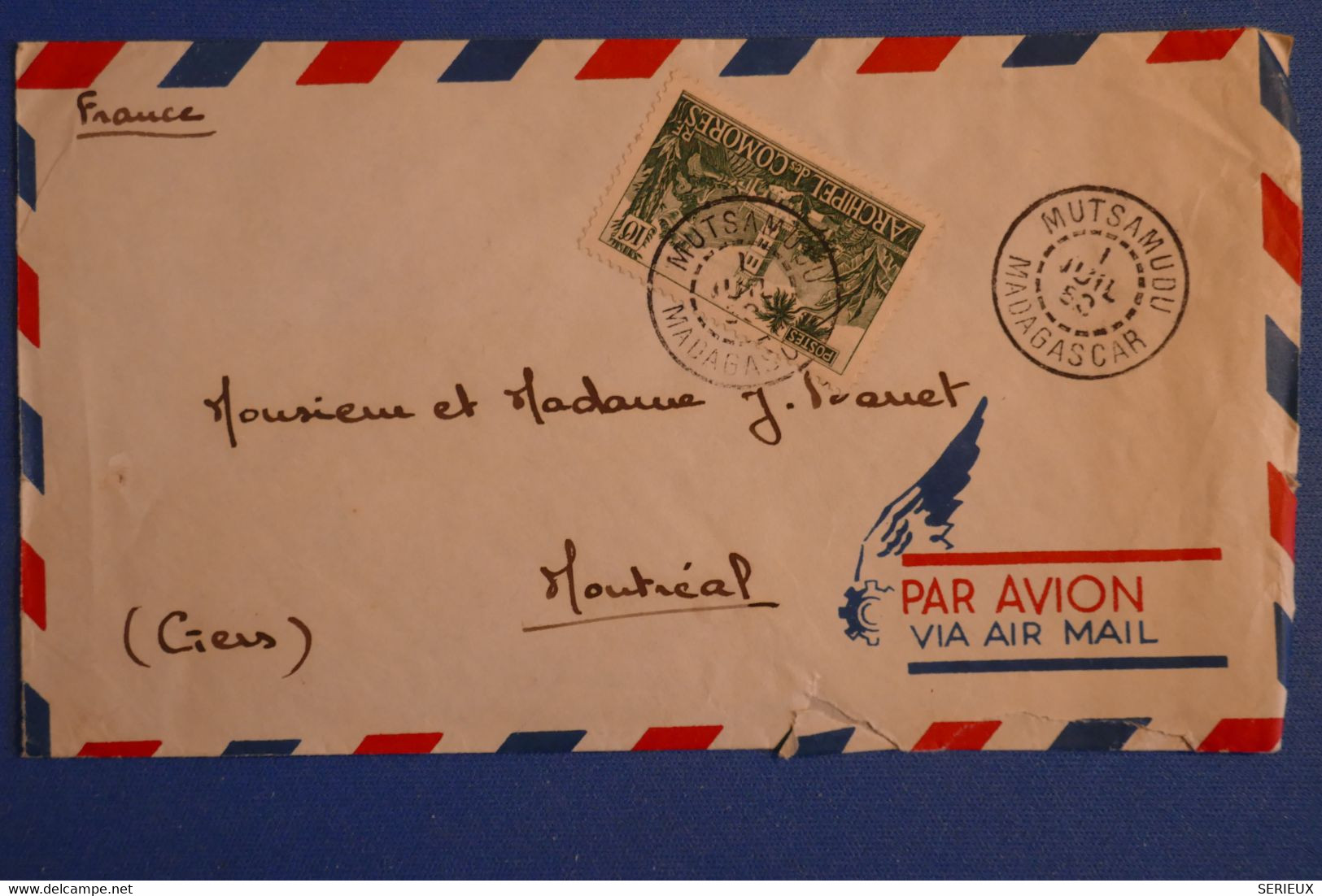 S1 COMORES BELLE LETTRE 1953 PAR AVION PETIT BUREAU MUTSAMUDU AUJOUAN POUR MONTREAL   + AFFRANCH PLAISANT - Lettres & Documents