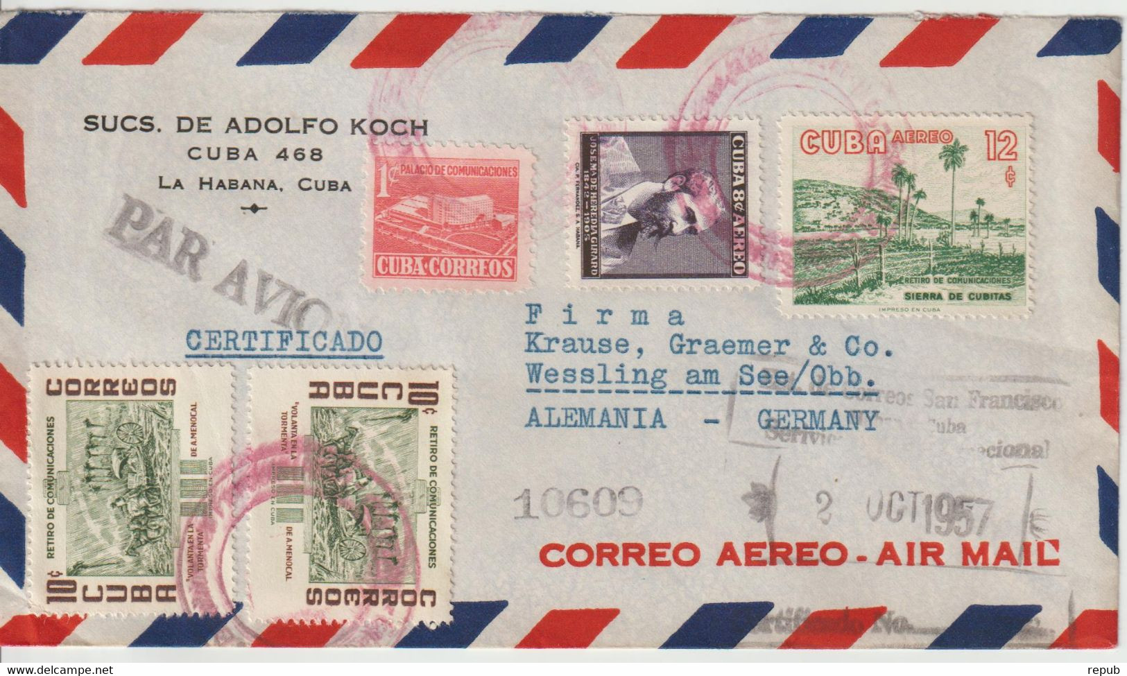 Cuba 1957 Lettre Recommandée Par Avion Pour L'Allemagne - Briefe U. Dokumente