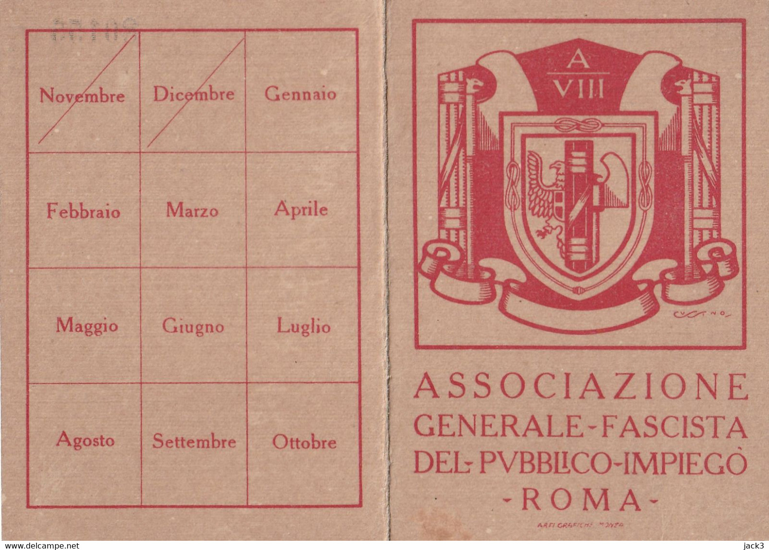 Tessera Fascista -  Associazione Generale Fascista Del Pubblico Impiego - Tarjetas De Membresía