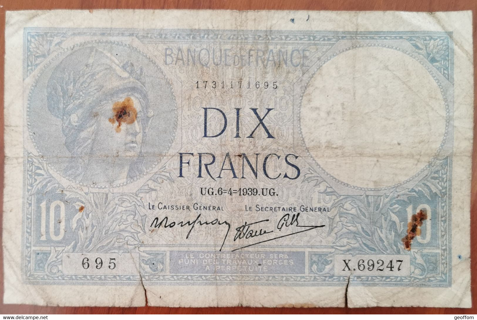 Billet 10 Francs MINERVE 6 - 4 - 1939 France X.69247 (cf Photo) - 10 F 1916-1942 ''Minerve''