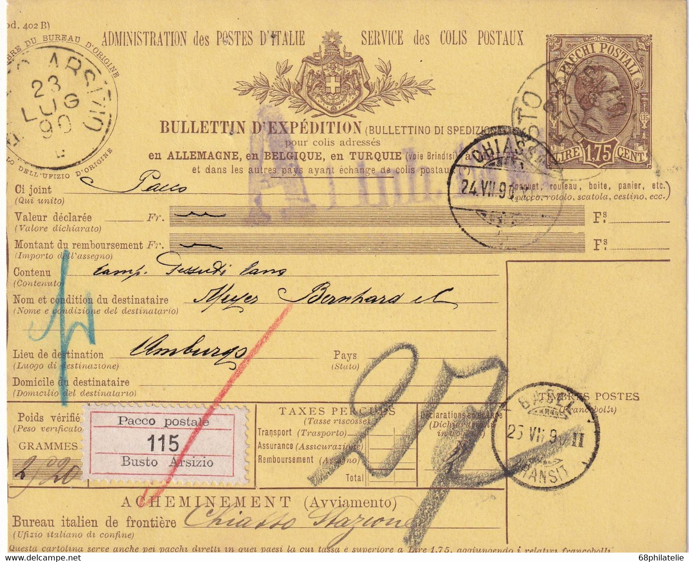 ITALIE 1890 ENTIER POSTAL/GANZSACHE/POSTAL STATIONARY  COLIS POSTAL DE BUSTO ARSIZIO - Pacchi Postali