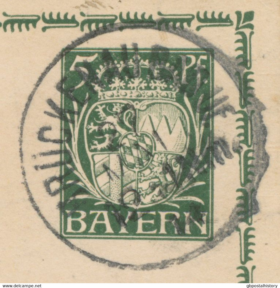 BAYERN ORTSSTEMPEL BRÜCKENAU BAD Uf (BAD BRÜCKENAU) K1 1914 5 Pf Wappen GA - Postwaardestukken