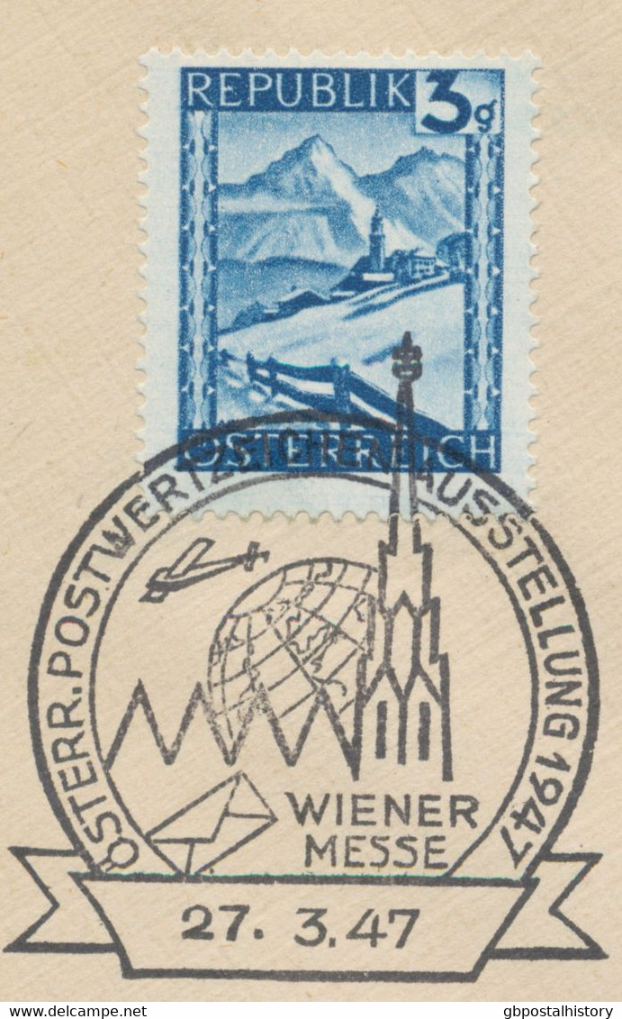 ÖSTERREICH SONDERSTEMPEL 1946 „PARIS IN WIEN AUSSTELLUNG 1946 SALON D‘AUTOMNE“ + „ÖSTERR. POSTWERTZEICHEN-AUSSTELLUNG 19 - Briefe U. Dokumente