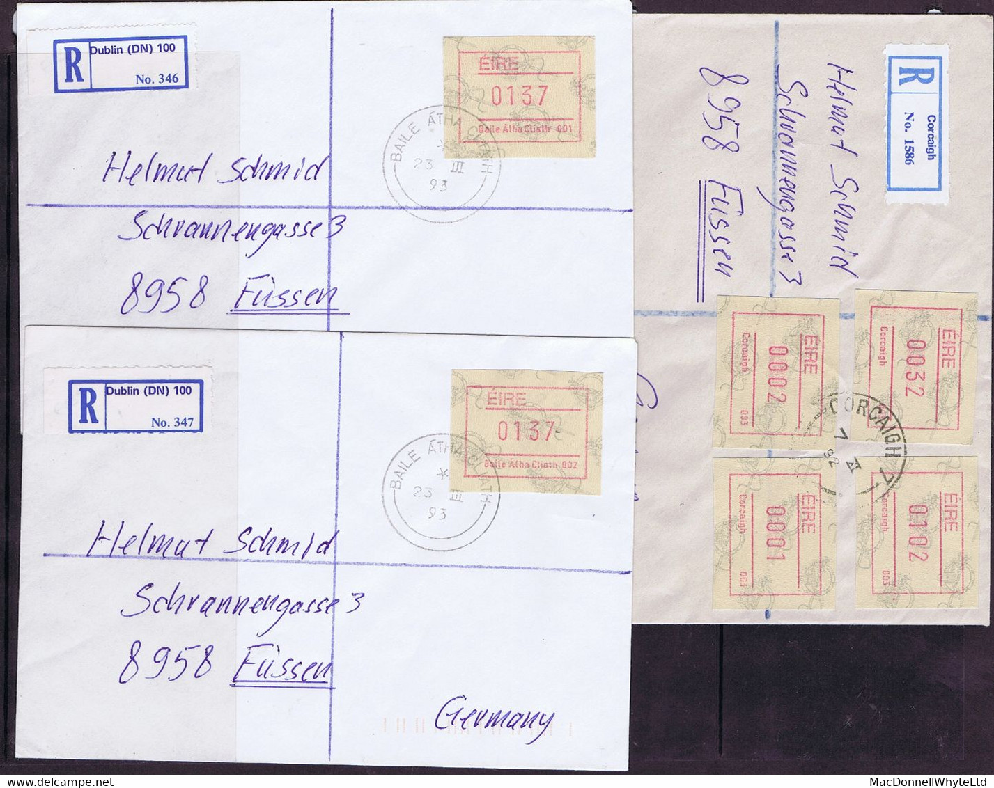 Ireland Registered 1992 Frama From Machines 1 To 10 On Individual Registered Covers, Mostly £1.37 Rate - Frankeervignetten (Frama)