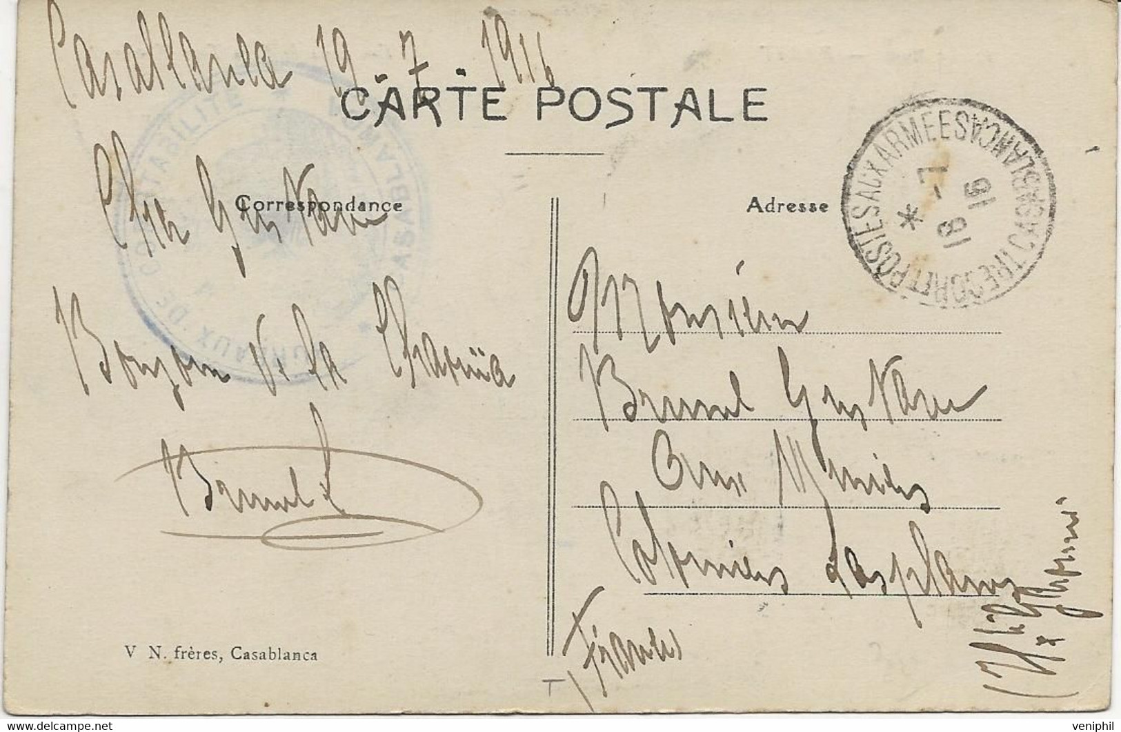 CARTE FRANCHISE MILITAIRE -CAD TRESOR ET POSTES AUX ARMEES- CASABLANCA -18-7 1916 - Cartas & Documentos