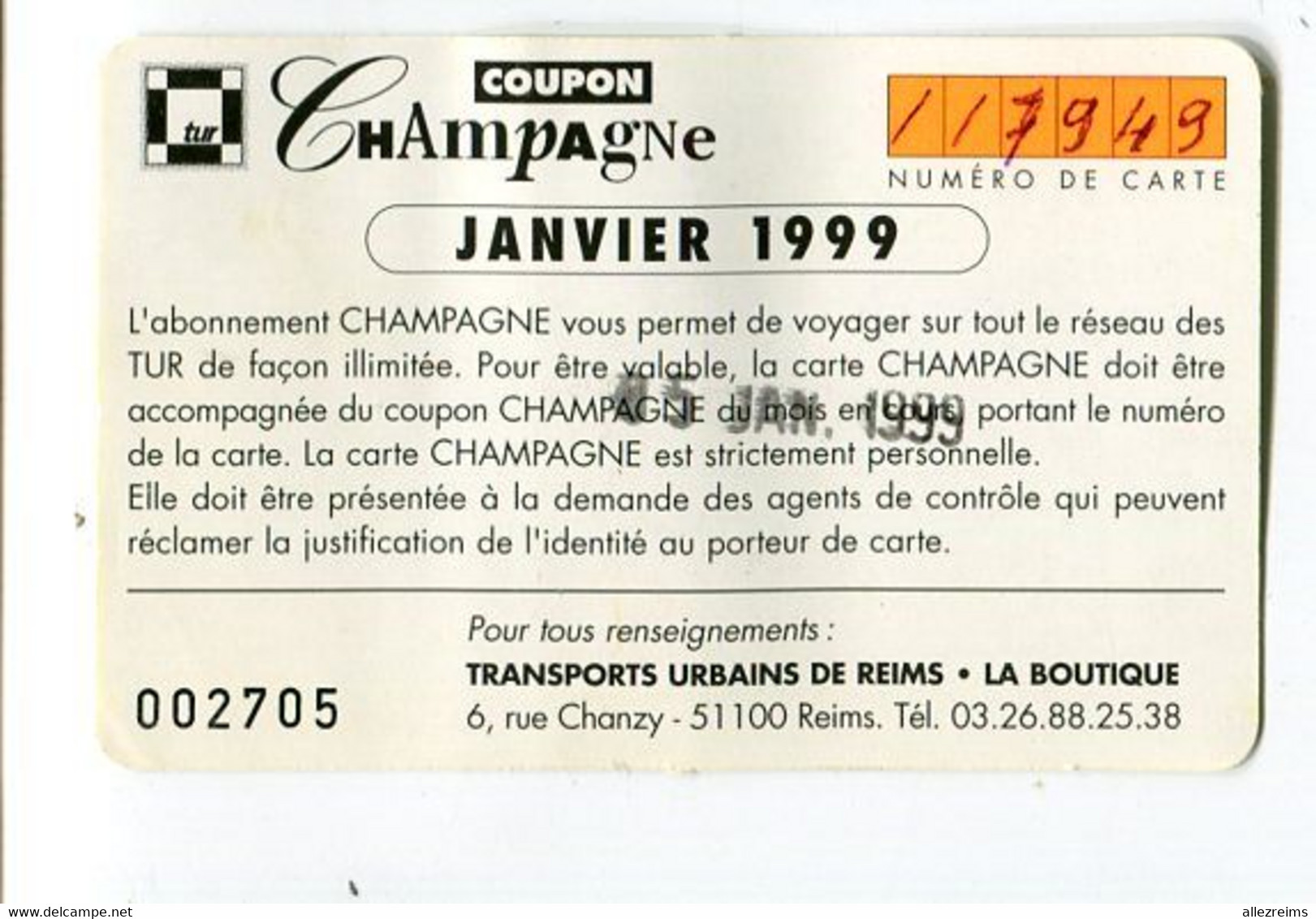 Ticket TUR Thème Champagne  BINET   à Reims  1998 - Europa