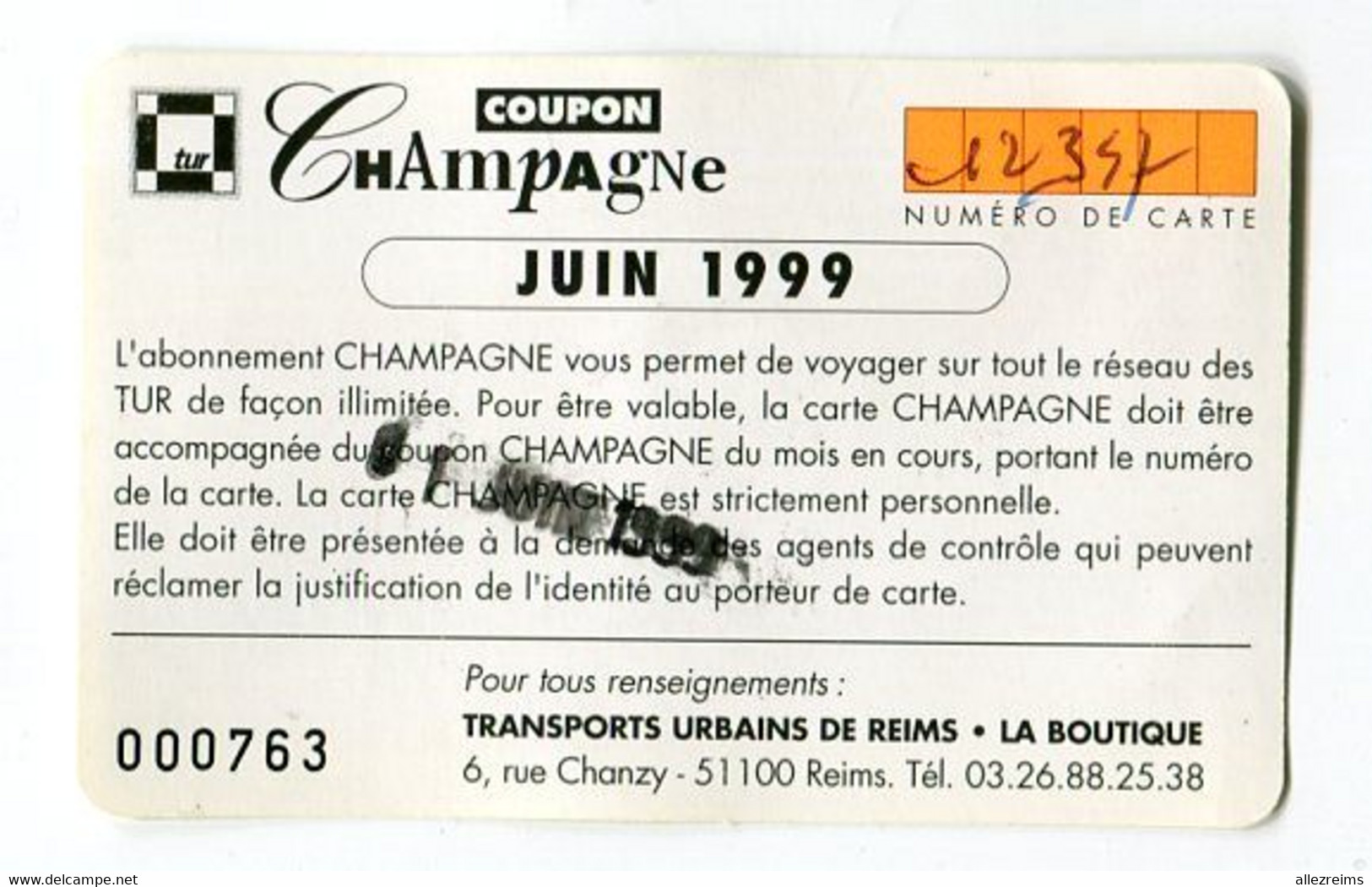 Ticket TUR Thème Champagne  FORESTIER  à Reims  1999 - Europe