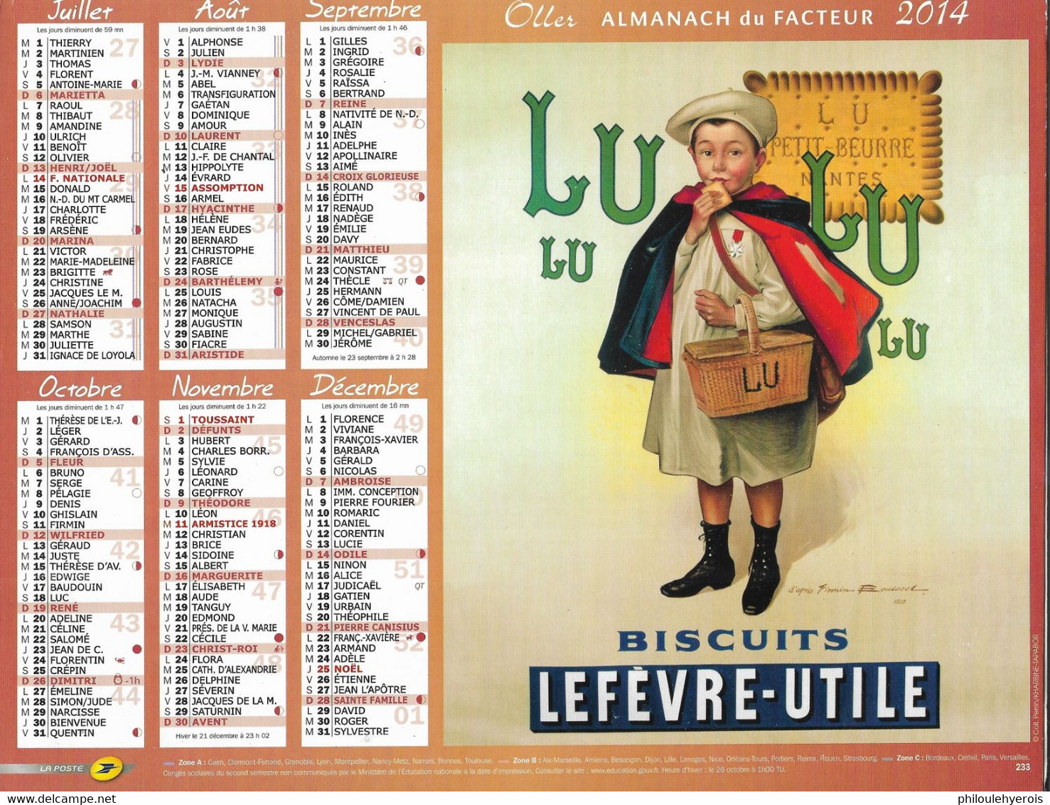 CALENDRIER 2014  PUB  BISCUITS LEFEVRE-UTILE LU Et PETITS GERVAIS - Grand Format : 2001-...