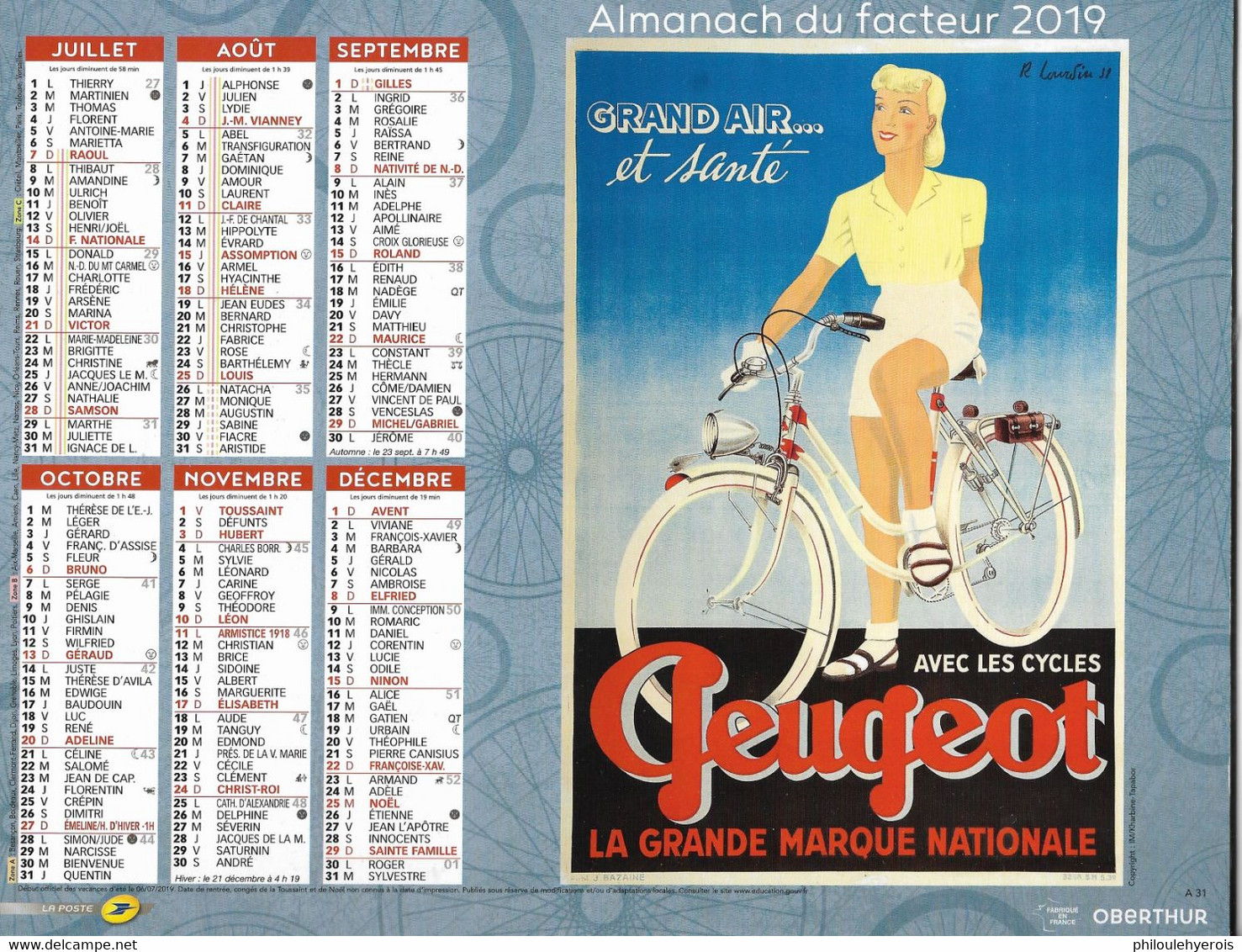 CALENDRIER 2019  PUB  CYCLES PEUGEOT Et CITROEN  Maurel Aix En Provence - Grand Format : 2001-...