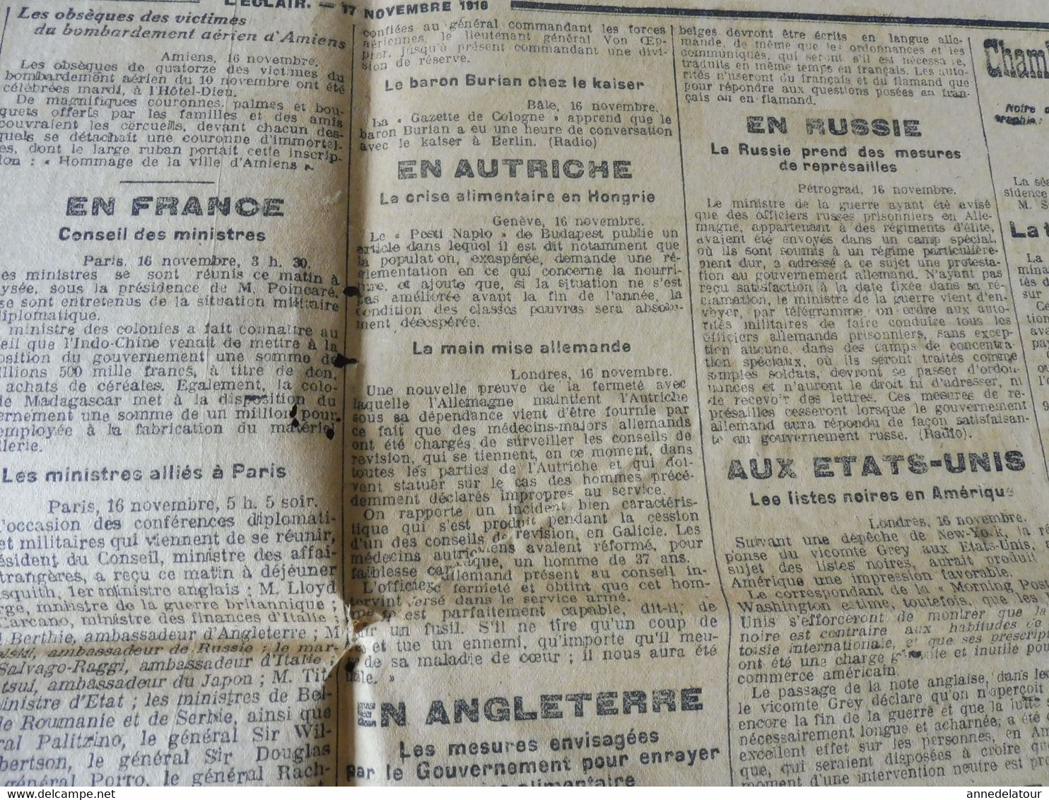 1916  L'ÉCLAIR   :  La guerre sur tous les fronts ; Héroïque caporal Michel Martin de Fitou; Listes noires aux USA ; etc