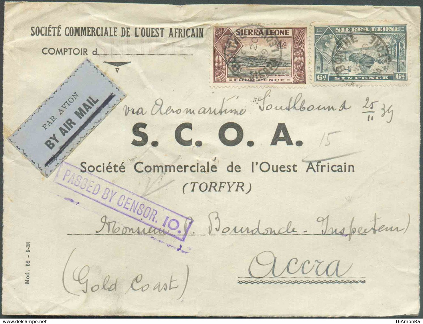 N°163-165 - 4P. + 6p. Obl. Sc BONTHE Sur Lettre Par Avion (Etiq.) Du 20 Novembre 1939 Vers Accra + Griffe Violette PASSE - Sierra Leone (...-1960)