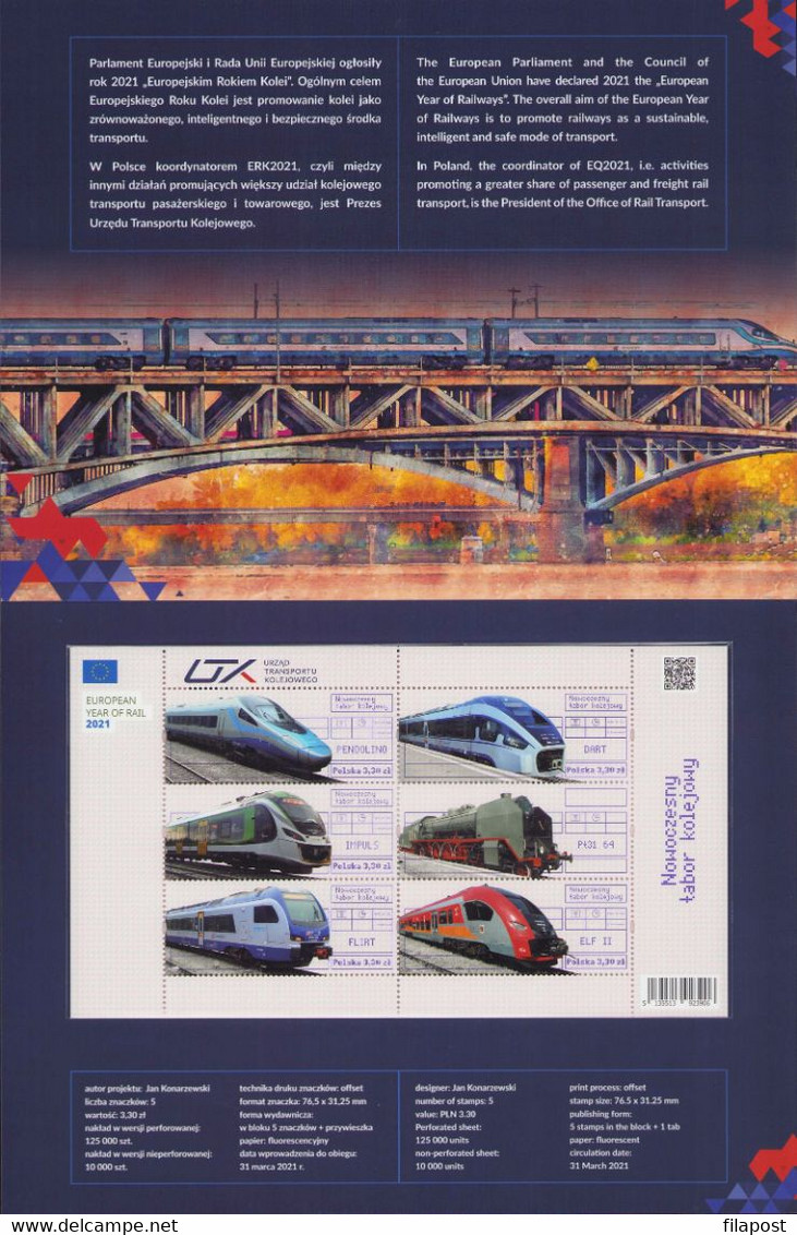 Poland 2021 Booklet Folder / Modern Rolling Stock / Full Of Set Mini Sheet Perforated Version + Tab MNH** New!!! - Carnets