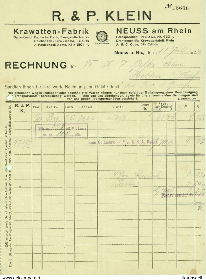 Neuss Neuß 1924 A4 Deko Rechnung " Krawattenfabrik R.&P. Klein " Dokument - Kleidung & Textil