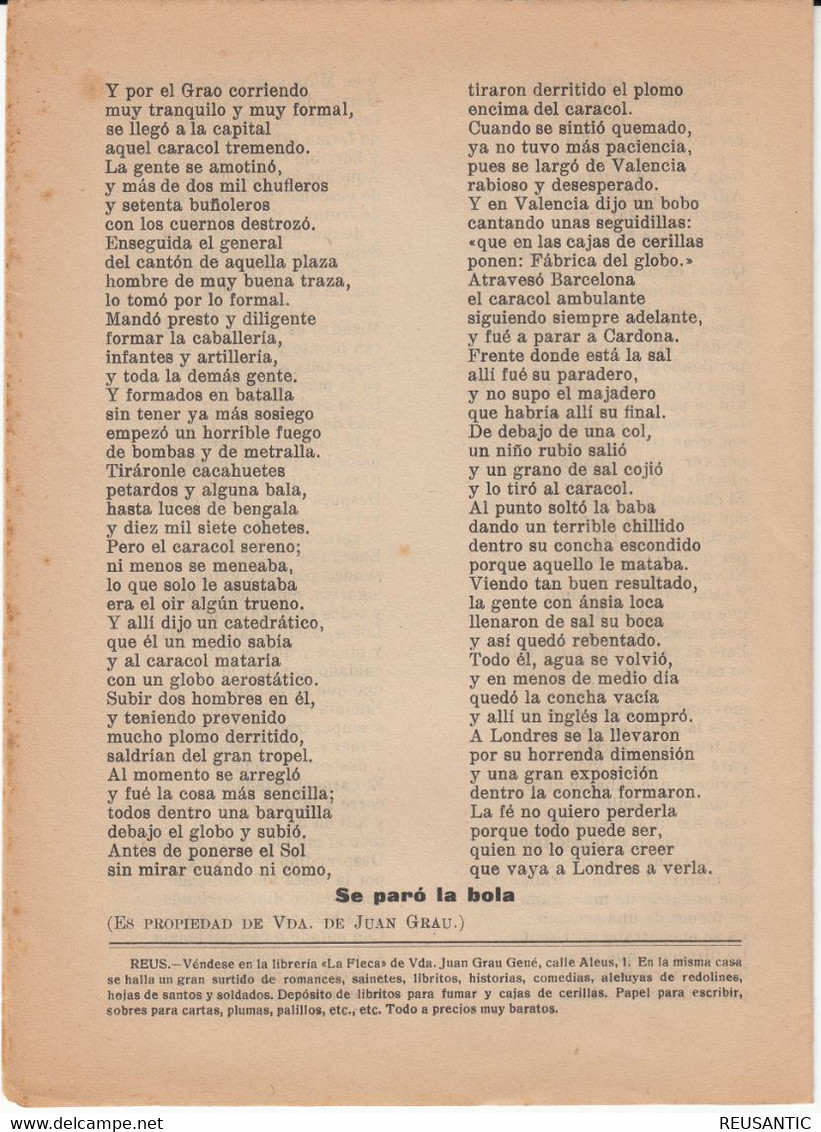 SIGLO XIX - GRAN HISTORIA DE LOS HECHOS Y ESTRAGOS DEL MAS GRANDE CARACOL- EDITA LA FLECA - REUS - Littérature