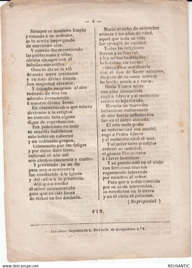 SIGLO XIX -VIDA Y MILAGROS DEL BEATO PEDRO CLAVER EDITA C.MIRO  EN BARCELONA - Literatuur