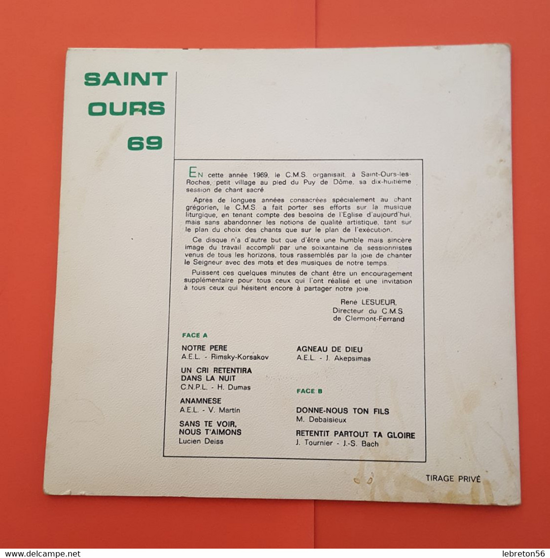 Saint Ours Puy De Dôme En 1969 45 Tours Vinyle Ensemble Des Sécessionnistes;Chants Sacrés  7 Titres   X 2 Scans - Chants Gospels Et Religieux