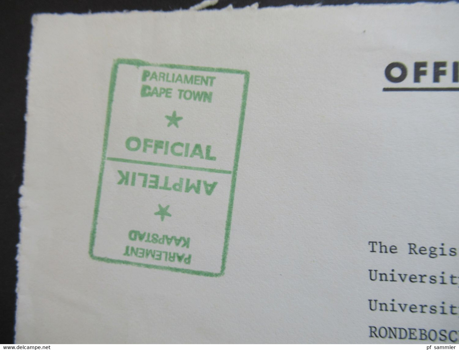 RSA / Süd - Afrika 1977 Grüner Stempel  Amptelik Official Parliament Cape Town / Umschlag The Parliament Of The RSA - Brieven En Documenten