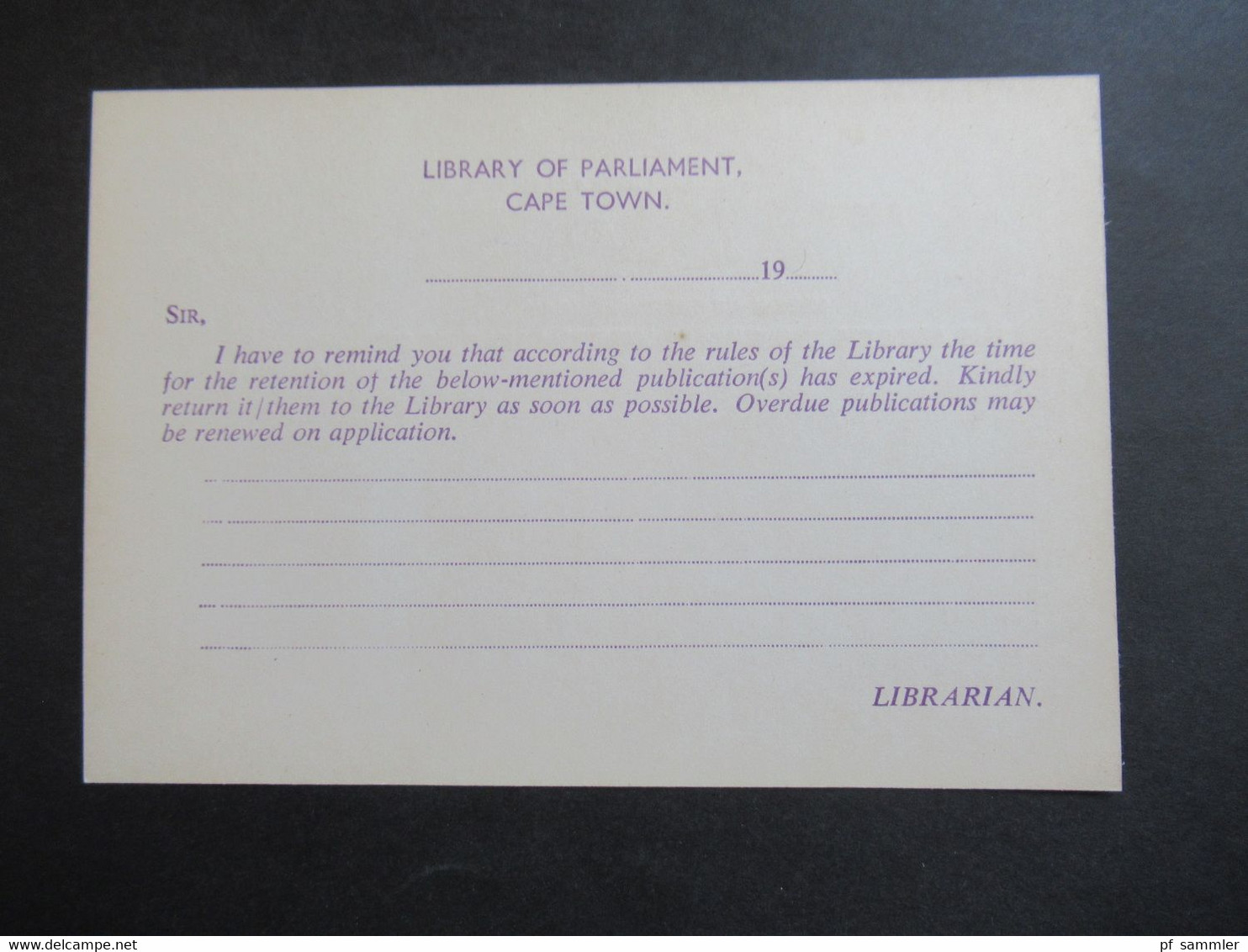 RSA / Süd - Afrika Ca. 1961 Post Card Union RSA / Republic Bestellkarte Der Library Of Parliament Cape Town Bücherzettel - Andere & Zonder Classificatie