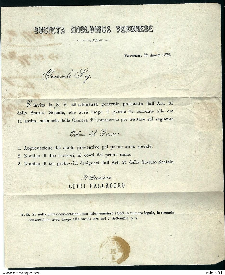 § VERONA  * SOCIETA' ENOLOGICA  VERONESE * All' Onor Municipio Di Peschiera  § - Autres & Non Classés