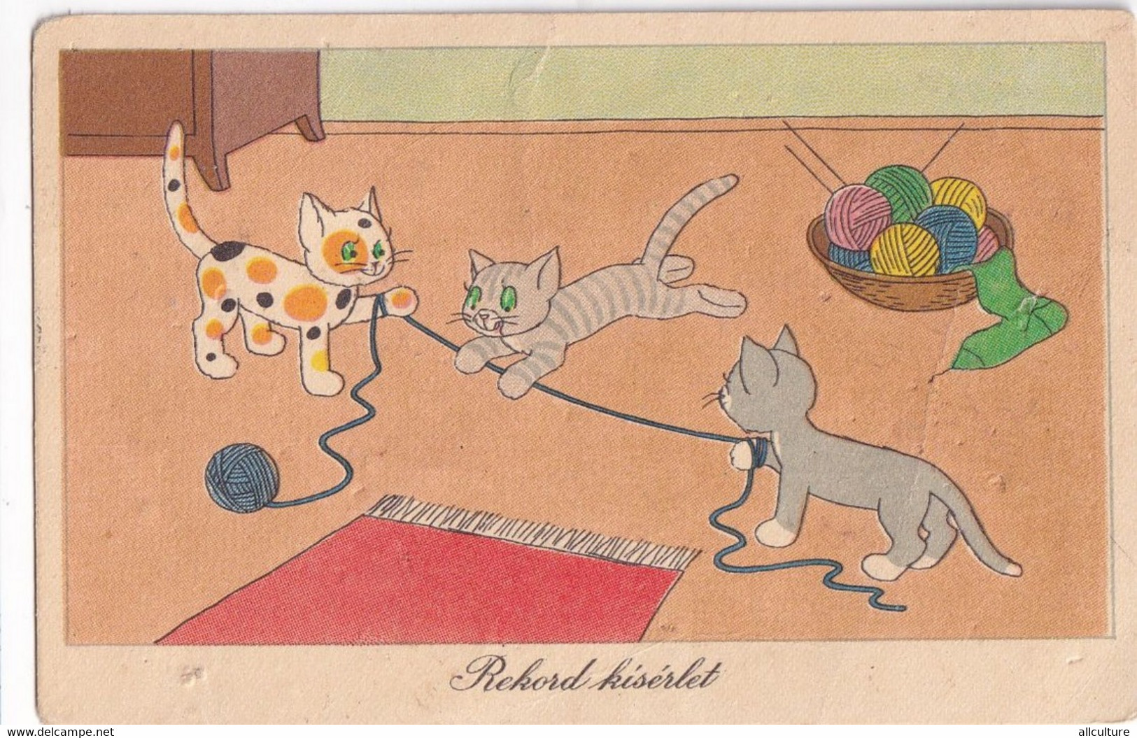 A5685-  Cats, Animals Playing With Spool, Illustration, Magyar Posta Stamp 1961 Postcard - Koehler, Mela
