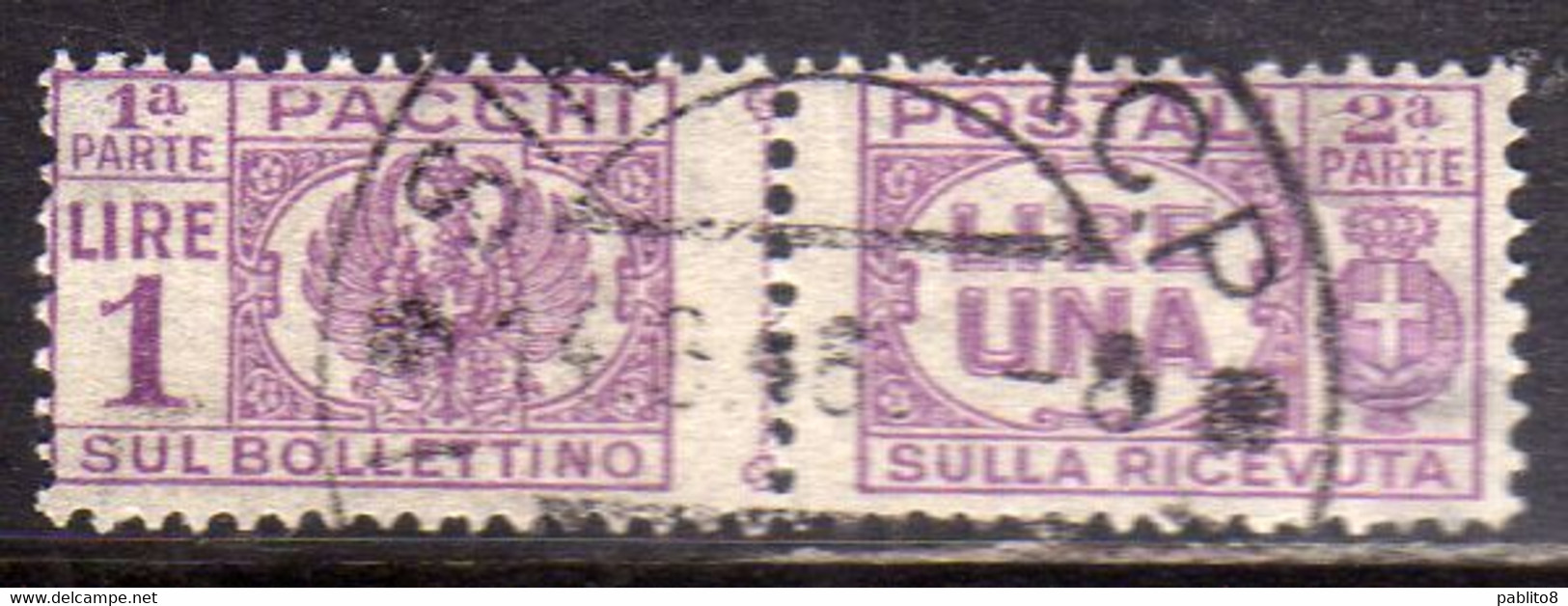 ITALIA REGNO ITALY KINGDOM 1946 LUOGOTENENZA PACCHI POSTALI PARCEL POST SENZA FASCIO LIRE 1 LIRA USATO USED OBLITERE' - Paketmarken