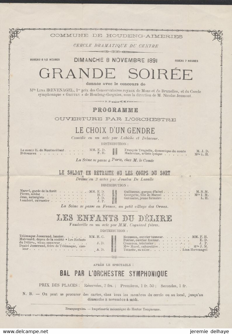 émission 1884 - N°43 Sur Dépliant "Cercle Dramatique Du Centre : Grande Soirée + Bal" (Houdeng-Aimeries) - 1869-1888 Leone Coricato