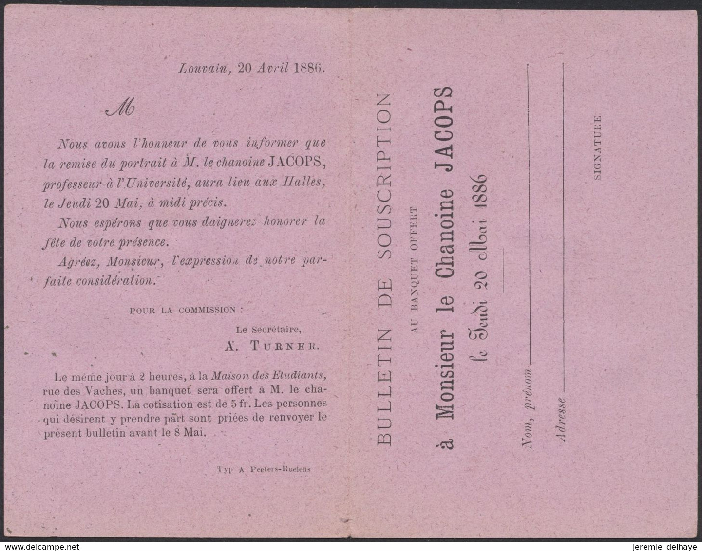 émission 1884 - N°43 Sur Dépliant "Banquet Offert à Monsieur Le Chanoine Jacops 1886, Louvain" + Obl "Roeulx (Le)" - 1869-1888 Lying Lion