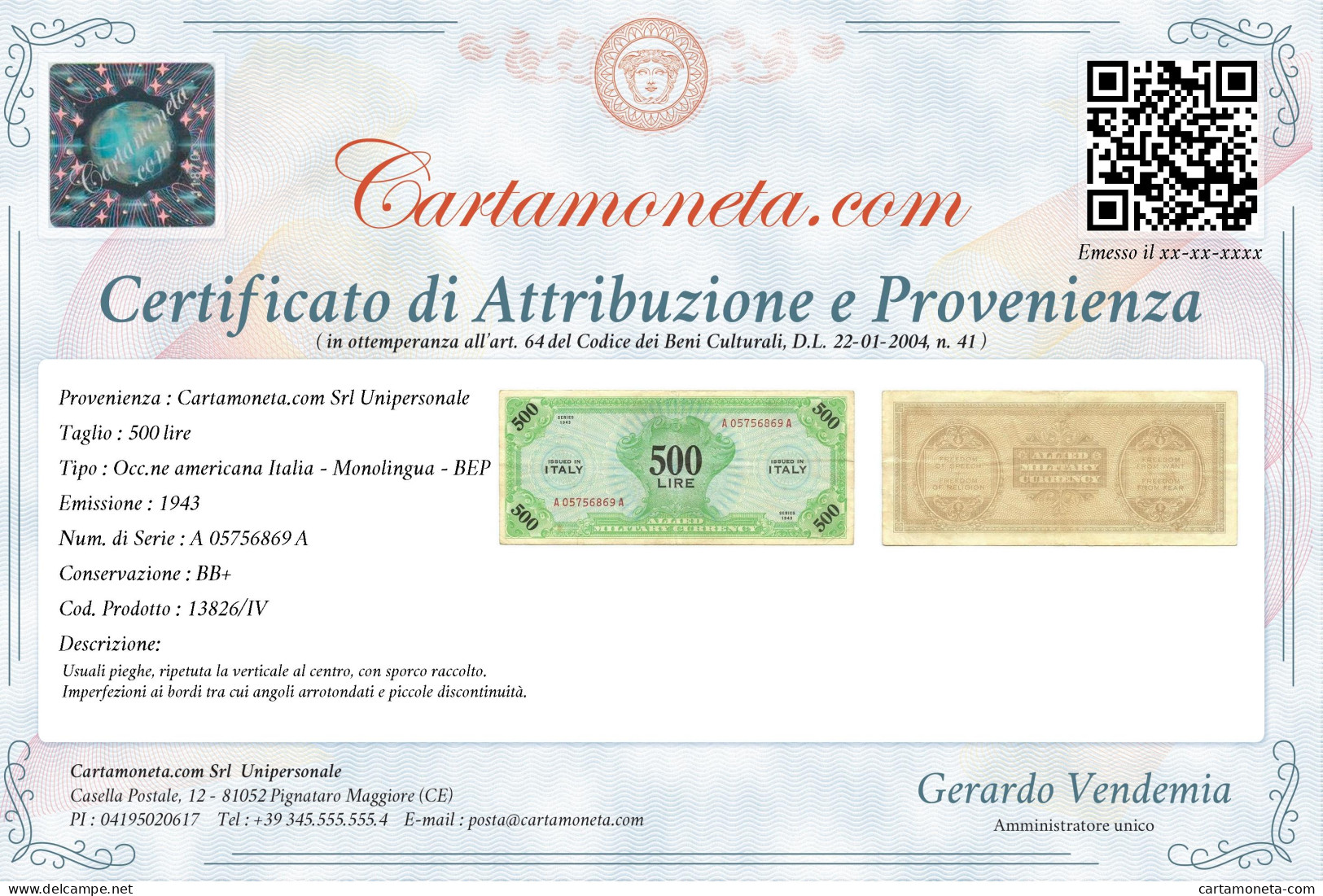 500 LIRE OCCUPAZIONE AMERICANA IN ITALIA MONOLINGUA BEP 1943 BB+ - 2. WK - Alliierte Besatzung