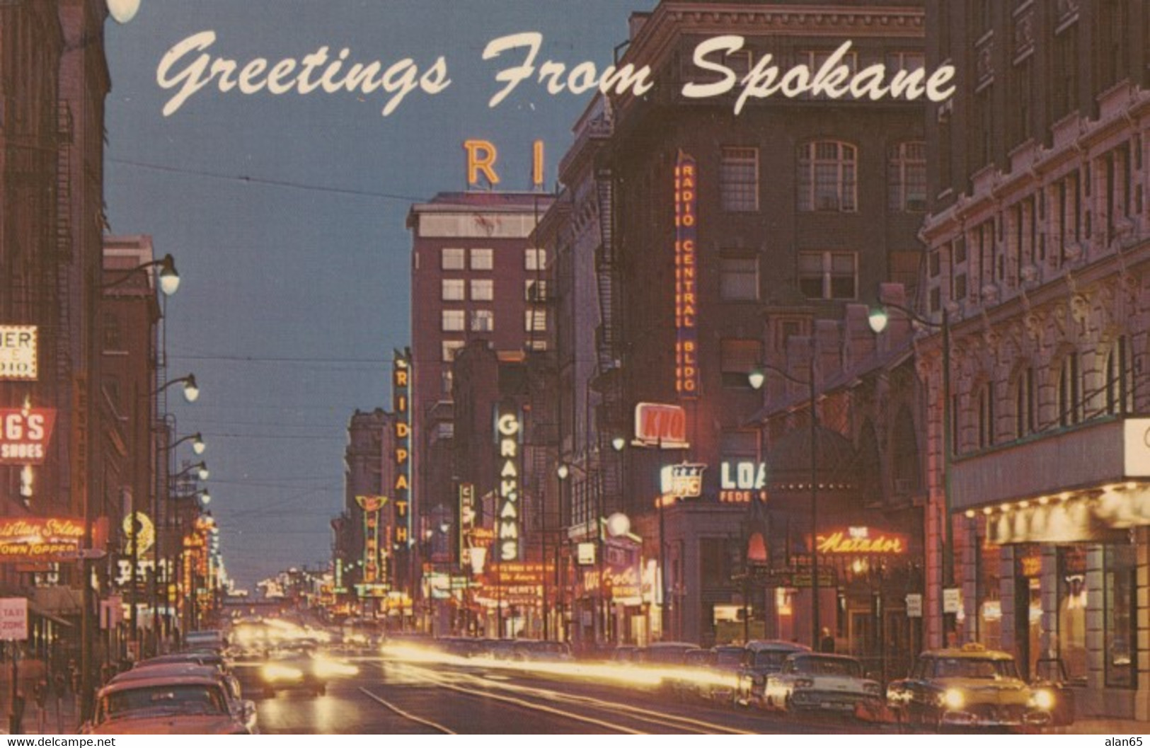 Spokane Washington, Sprague Street Scene At Night, Autos, Business Signs, C1960s Vintage Postcard - Spokane