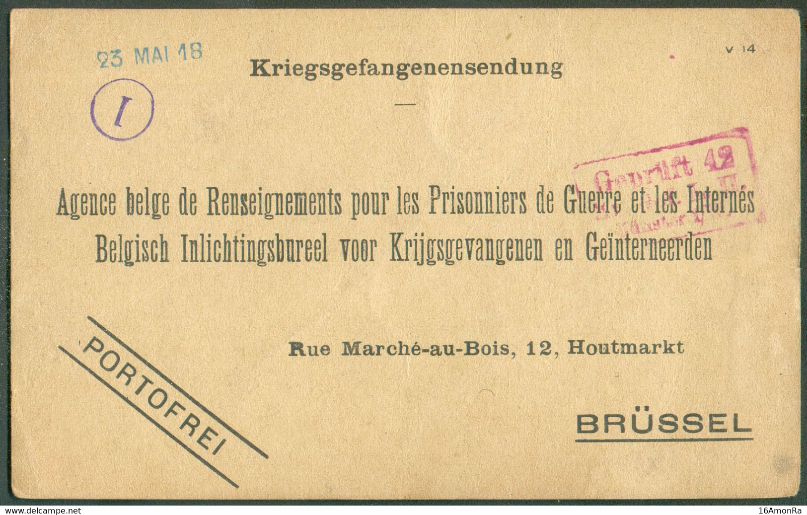 Kriegsgefangenensendung (Kaart) à L'Agence Belge De Renseignements Pour Les Prisonniers De Guette Et Les Internés à Brux - Prisoners