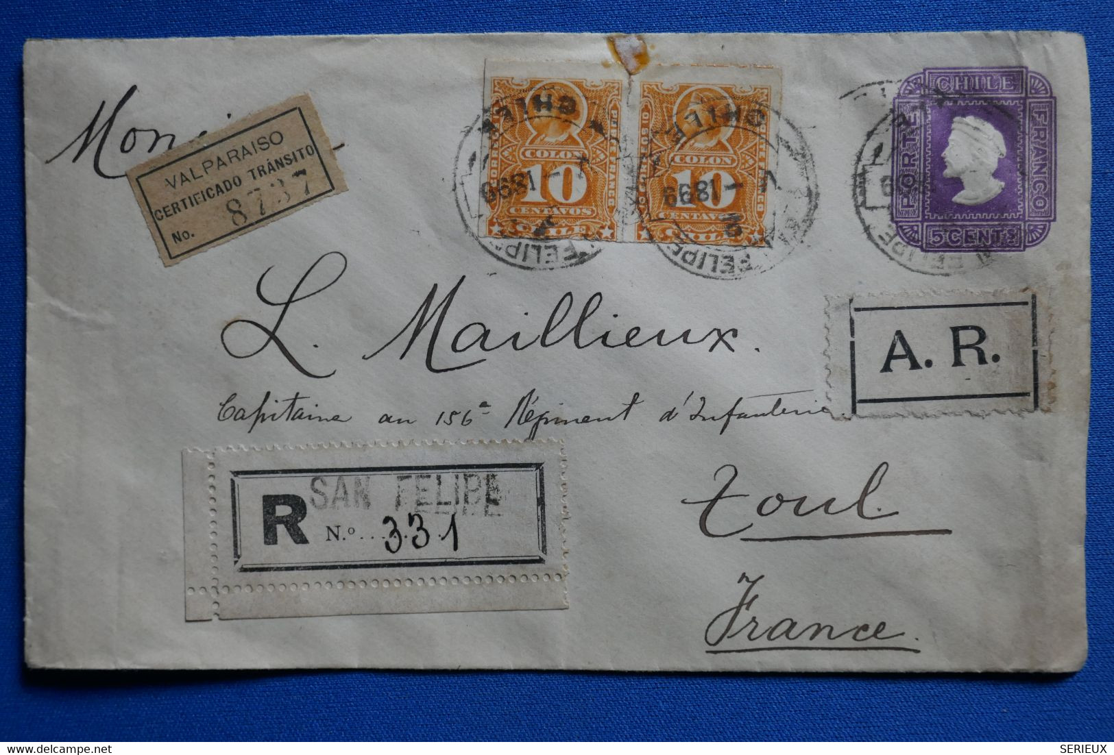 T6 CHILE BELLE LETTRE  RARE RECOM. 1899  PETIT BUREAU SANFILIPE A TOUL+CERTIFICADO VALPARAISO + PAIRE  +C. ARMORIE - Chile