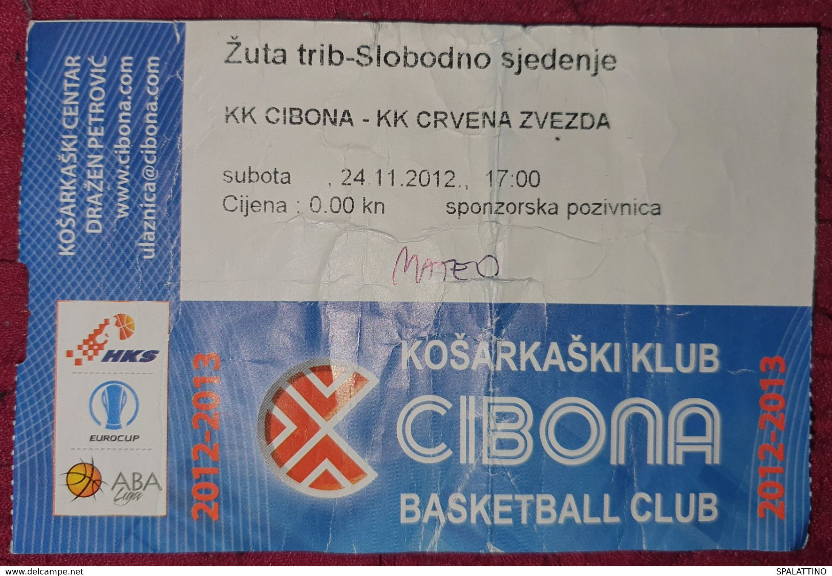 KK CIBONA ZAGREB - KK CRVENA ZVEZDA, ABA LEAGUE 2012/2013, MATCH TICKET - Apparel, Souvenirs & Other