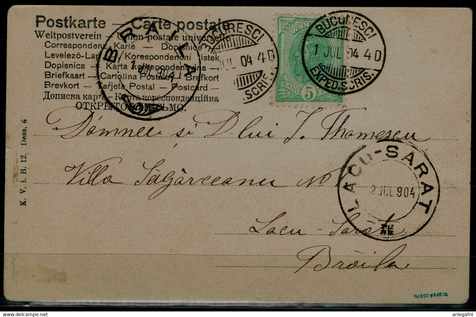 ROMANIA 1904 POSTCARD  SENT FROM BUCHAREST IN 1/7/1904 TO LACU-SARAT VF!! - Lettres & Documents