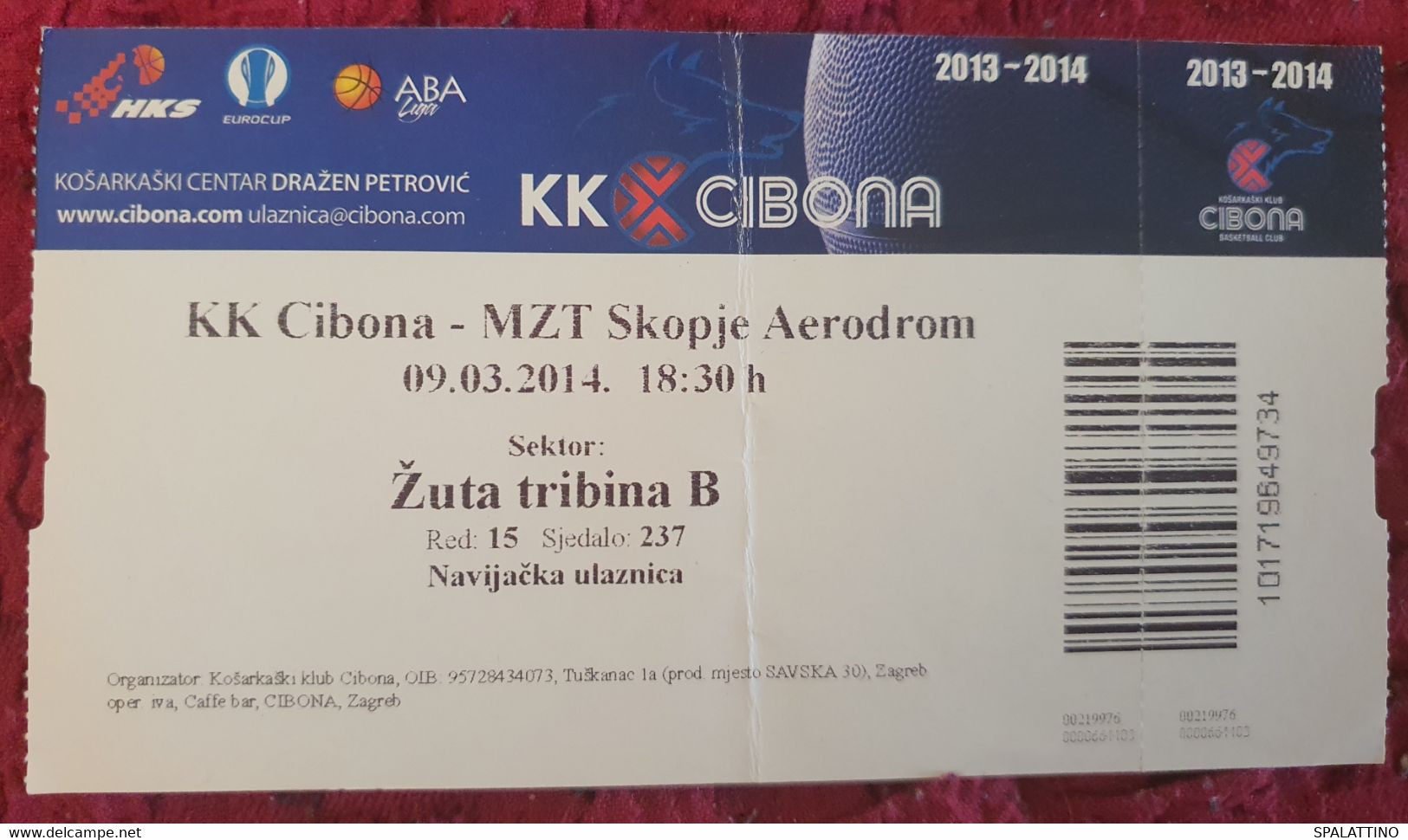 KK CIBONA- MZT SKOPJE AERODROM, ABA LEAGUE 2013/14. MATCH TICKET - Habillement, Souvenirs & Autres