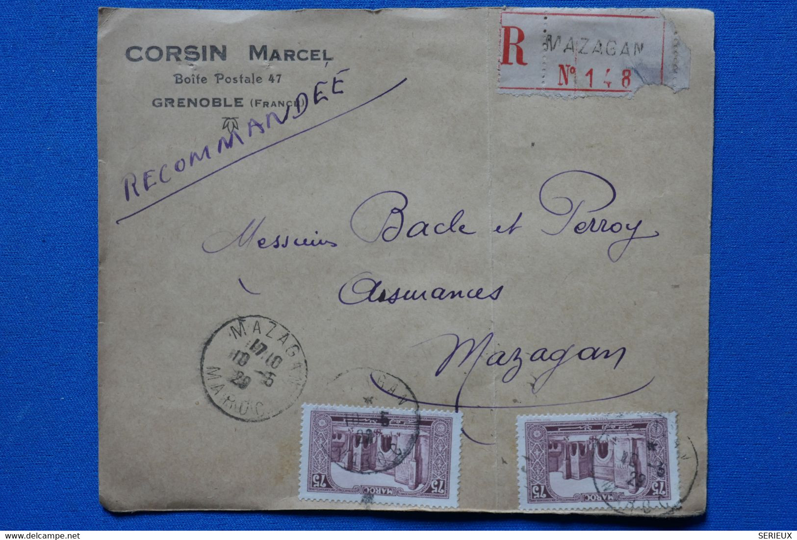 T9 MAROC BELLE LETTRE RECOM.DEVANT  1929  MAZAGAN  +AFFRANCH. INTERESSANT - Briefe U. Dokumente