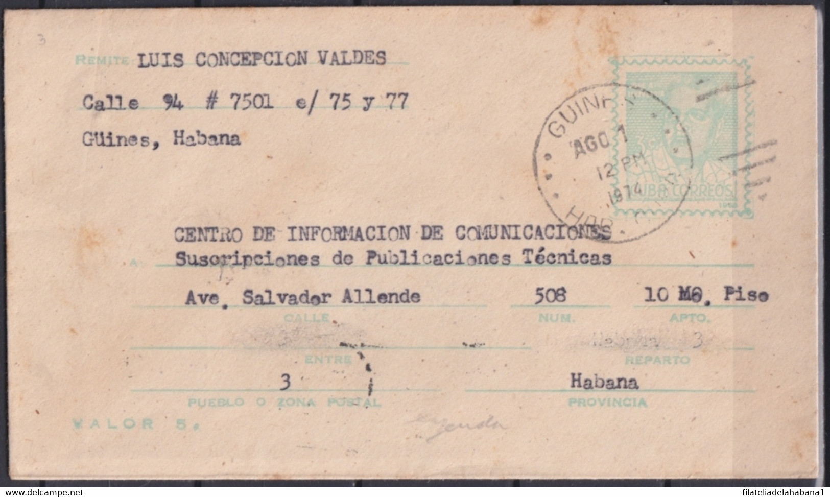 1968-EP-76 CUBA 1968 POSTAL STATIONERY ECHEVARRIA USED GUINES TO HABANA. - Briefe U. Dokumente