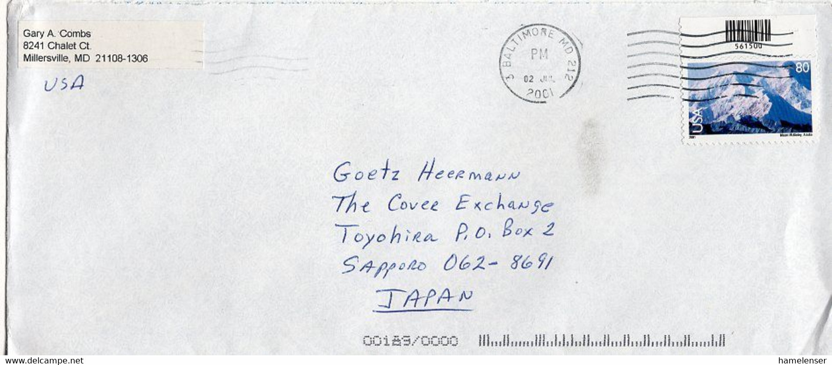 L27599 - USA - 2001 - 80c. Mt.McKinley EF A. Brief BALTIMORE -> Japan - Storia Postale