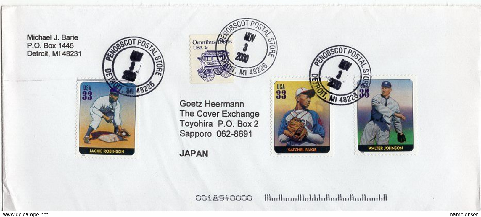 L27633 - USA - 2000 - 3@33c Baseball Etc. A. Brief Von PENOBSCOT POSTAL STORE DETROIT -> Japan - Baseball