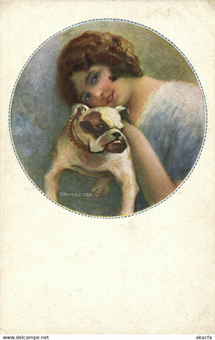 PC CPA C. MONESTIER ARTIST SIGNED LADY WITH HER DOG Vintage Postcard (b26604) - Monestier, C.