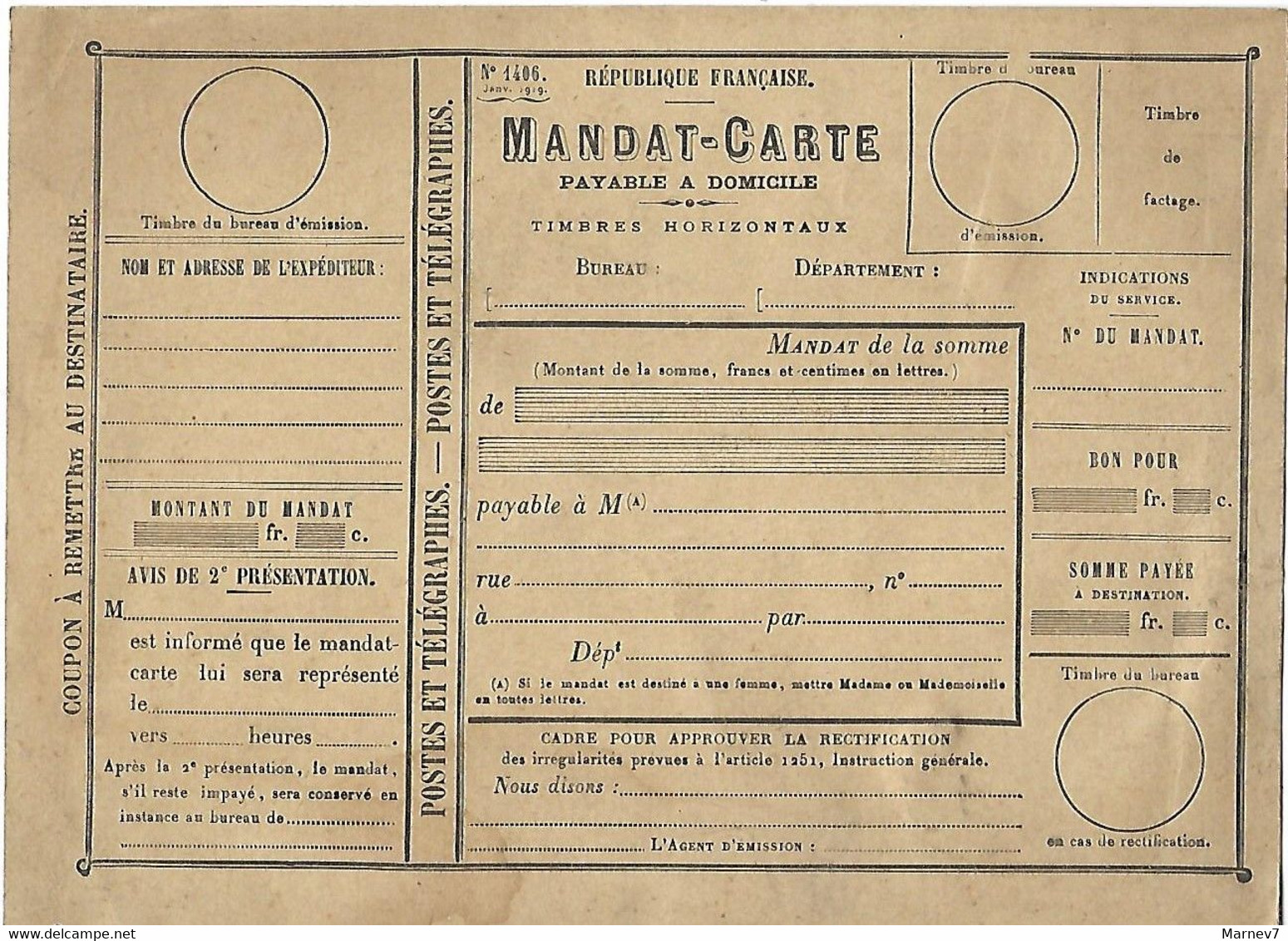 MANDAT CARTE Payable à Domicile - Postes Et Téléphones - Non écrit - N° 1406 - - Telegraph And Telephone