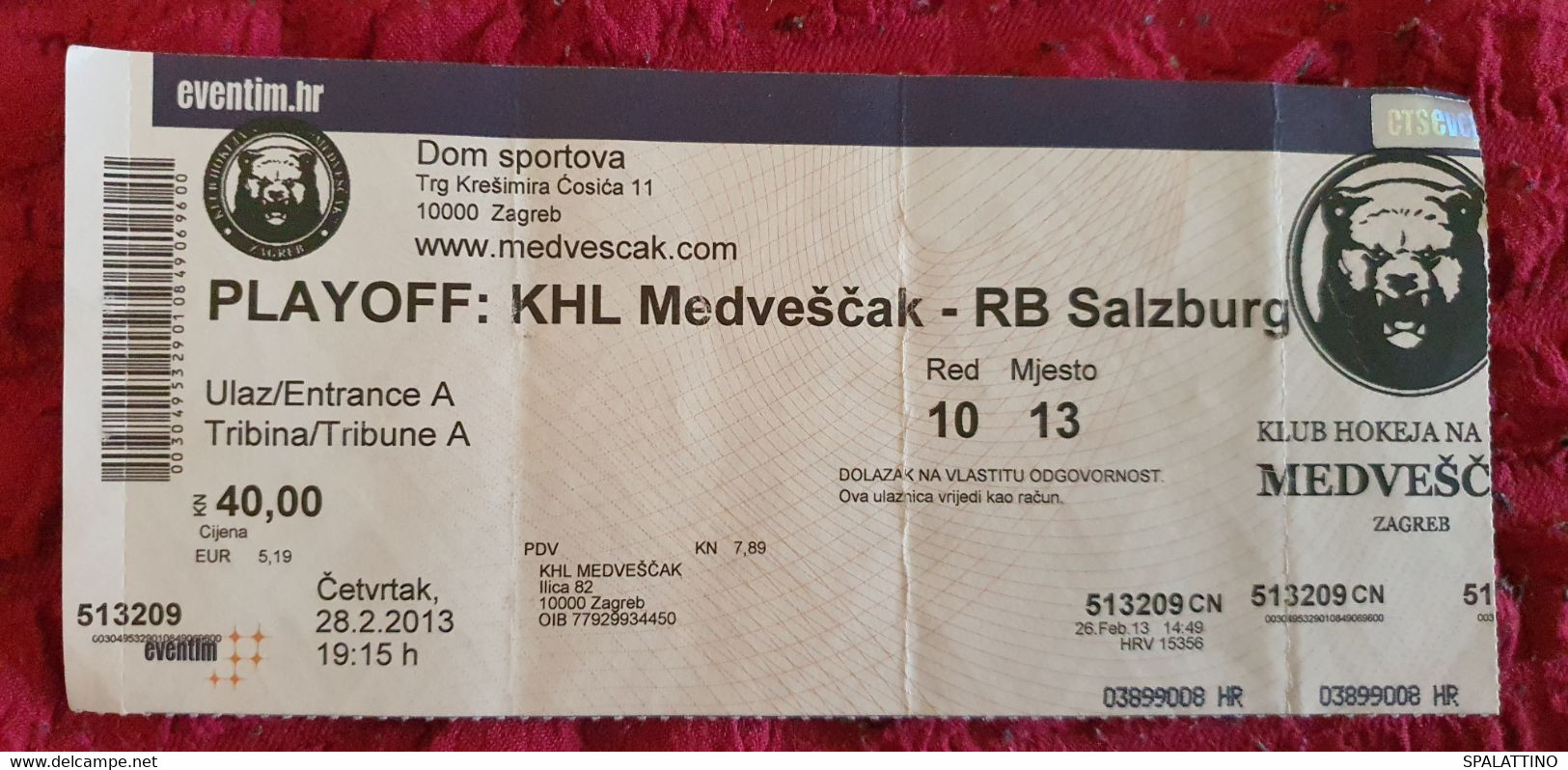 KHL MEDVEŠČAK- EC RED BULL SALZBURG, EBEL LEAGUE, PLAYOFF 2013. MATCH TICKET - Habillement, Souvenirs & Autres