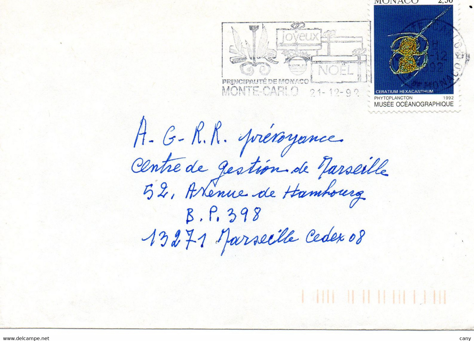 Monaco - Lettre Du 21/12/92 Pour Marseille Avec N° YT 1851 De 92. Phytoplancton. Musée Océanographique. Flamme Noël. - Lettres & Documents