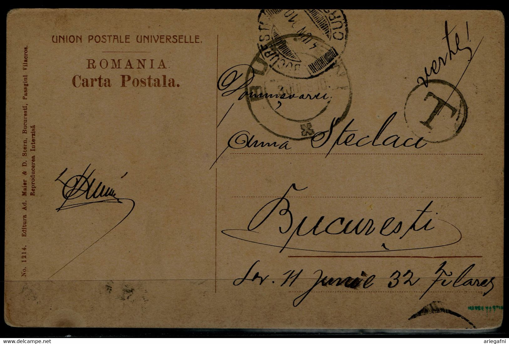 ROMANIA 1908 POSTCARD SENT IN 3/6/1908 FROM CURSA TO BUCUREST WITH TO PAY VF!! - Covers & Documents