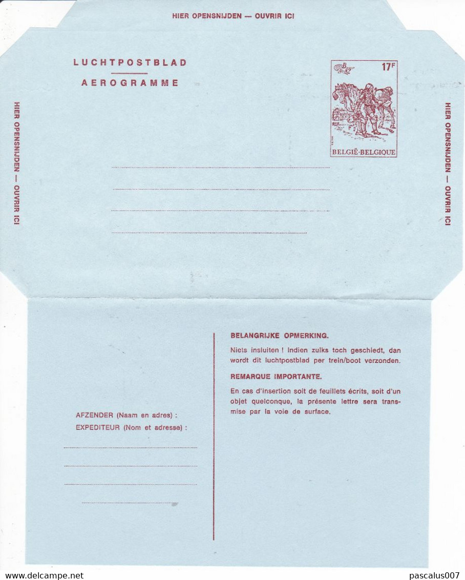 B01-332 Entier Postal Aérogramme N°19 II (NF) Belgica 1982 - 17 F Représentation 2074 Estafette Impériale - Aerograms