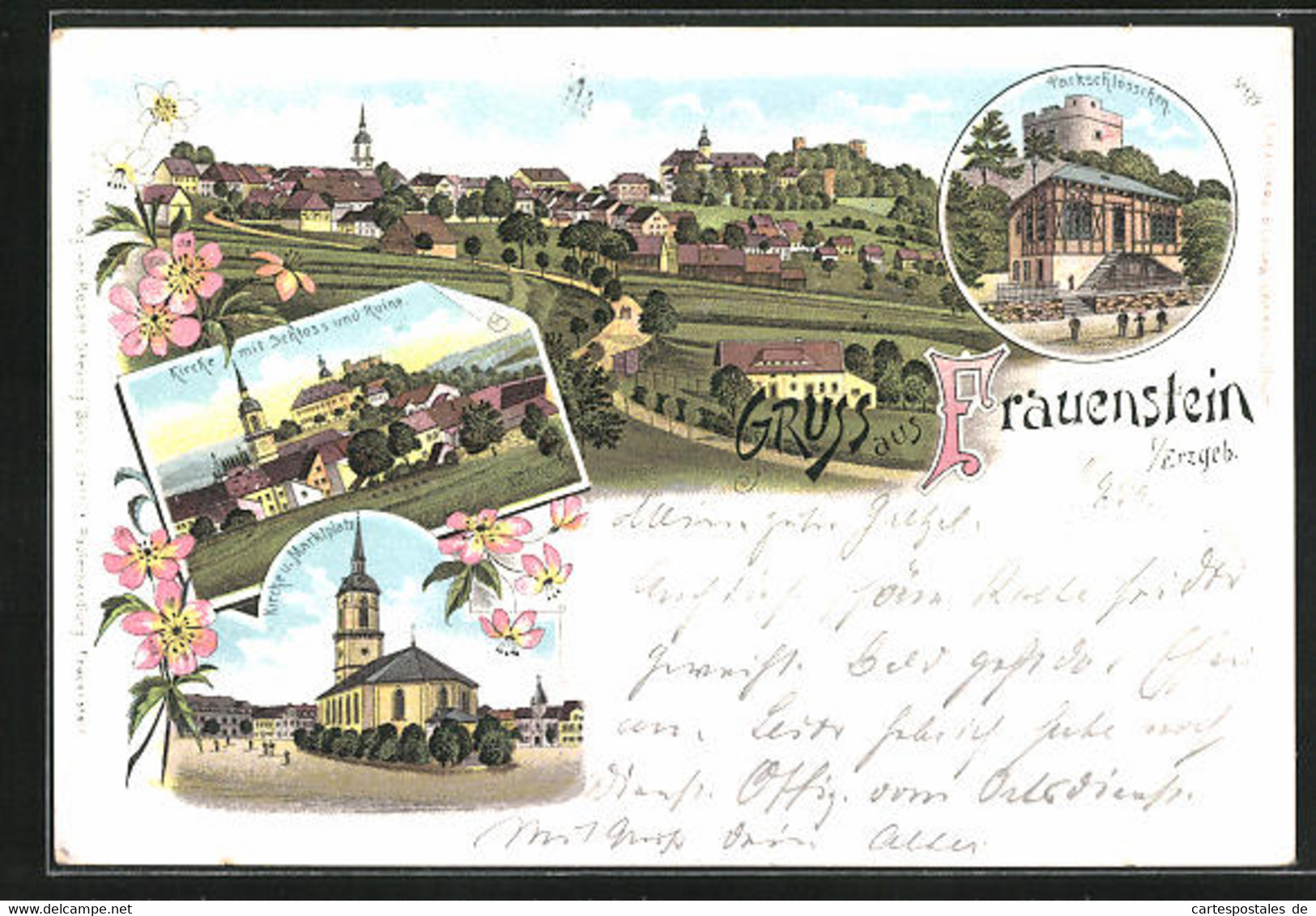 Lithographie Frauenstein I. Erzgeb., Parkschlösschen, Kirchen - Frauenstein (Erzgeb.)